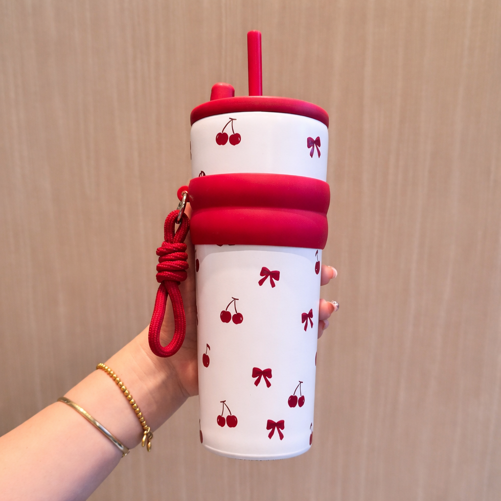 Cherry Bliss Straw Stainless Steel Tumbler