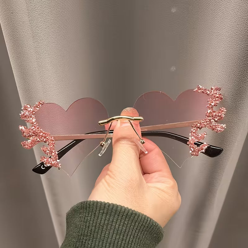 Rhinestone Heart Shape Sunglasses - Pink