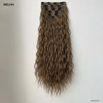Belvin 6 pcs set 16 clip in curly brown wavy hair extensions with multiple black metal clips at the top back side view