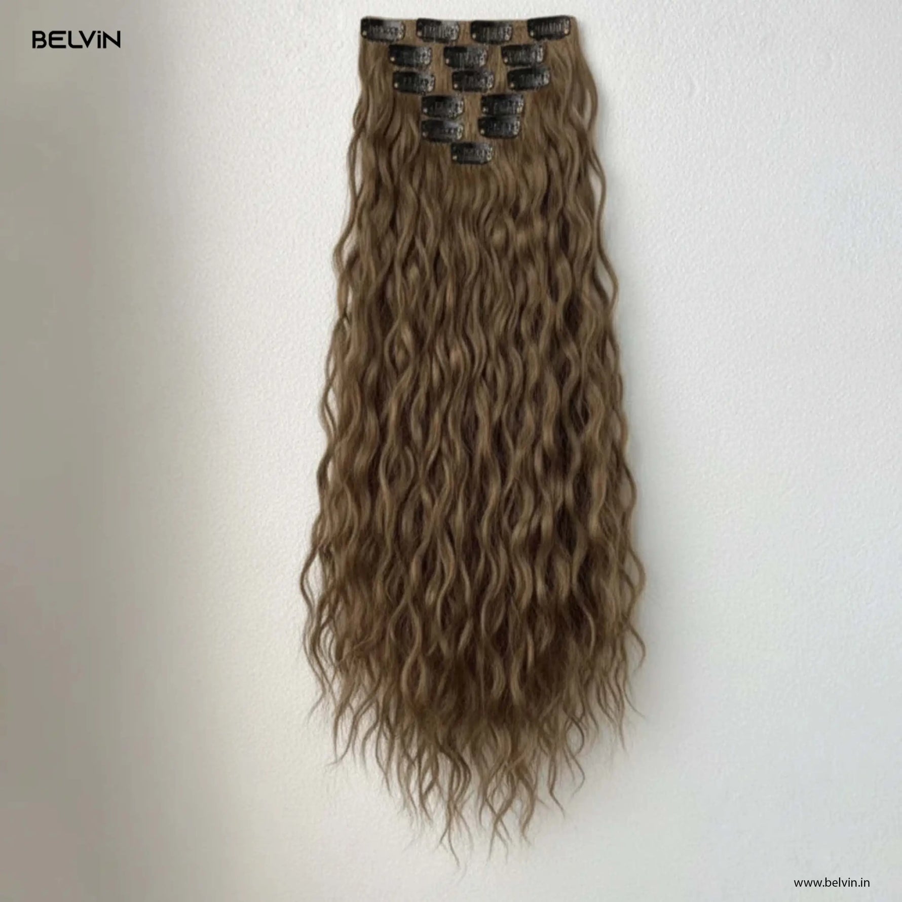 Belvin 6 pcs set 16 clip in curly brown wavy hair extensions with multiple black metal clips at the top back side view