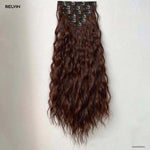 Belvin 6 pcs set 16 clip in brown wavy hair extensions with natural texture and metallic clips at the top