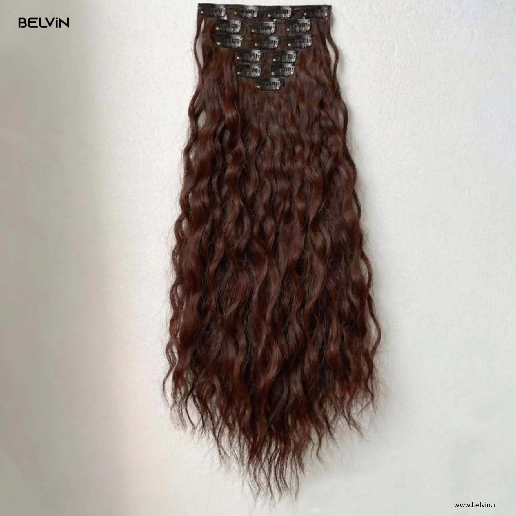 Belvin 6 pcs set 16 clip in brown wavy hair extensions with natural texture and metallic clips at the top