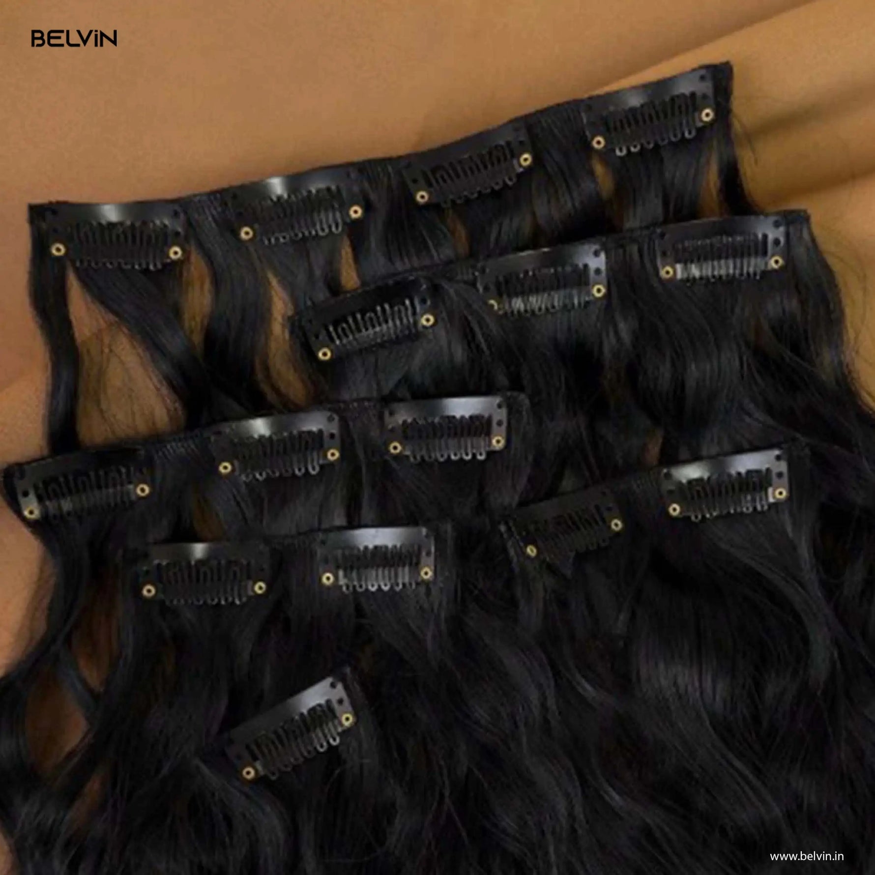 Black wavy clip in hair extensions from belvin 6 pcs set with 16 clips featuring curly texture