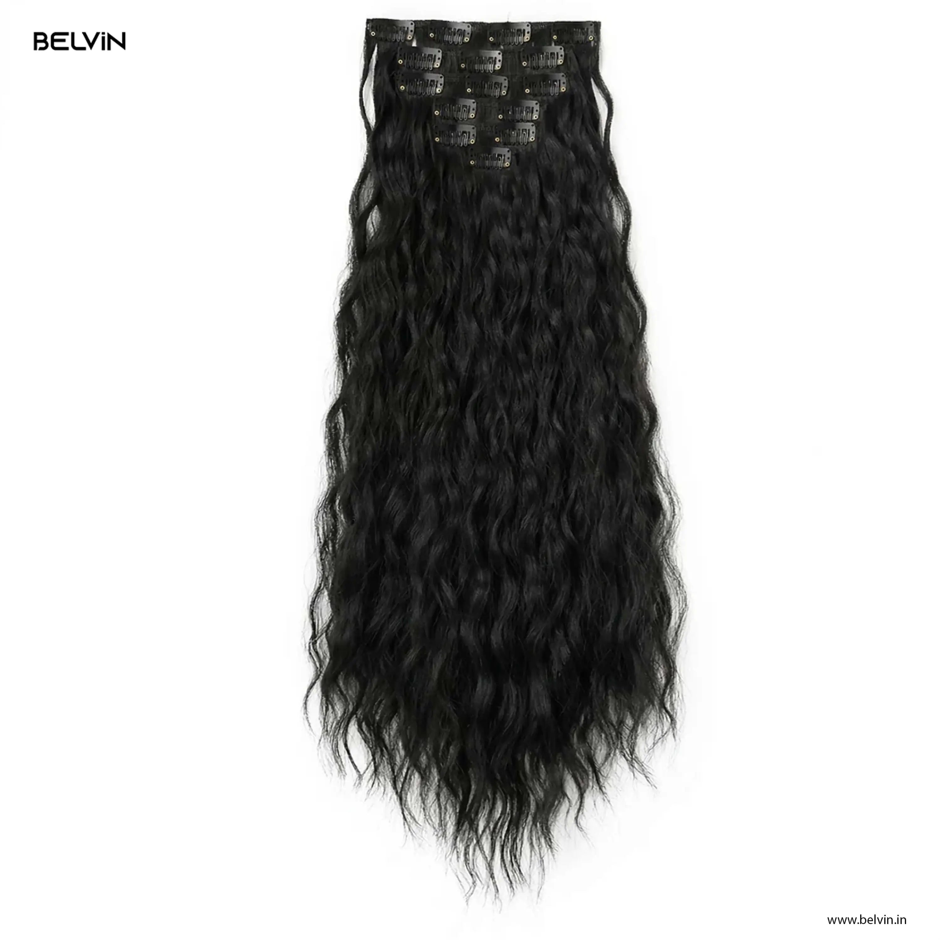Black wavy synthetic clip in hair extensions from belvin 6 pcs set 16 curly clip in hair extensions