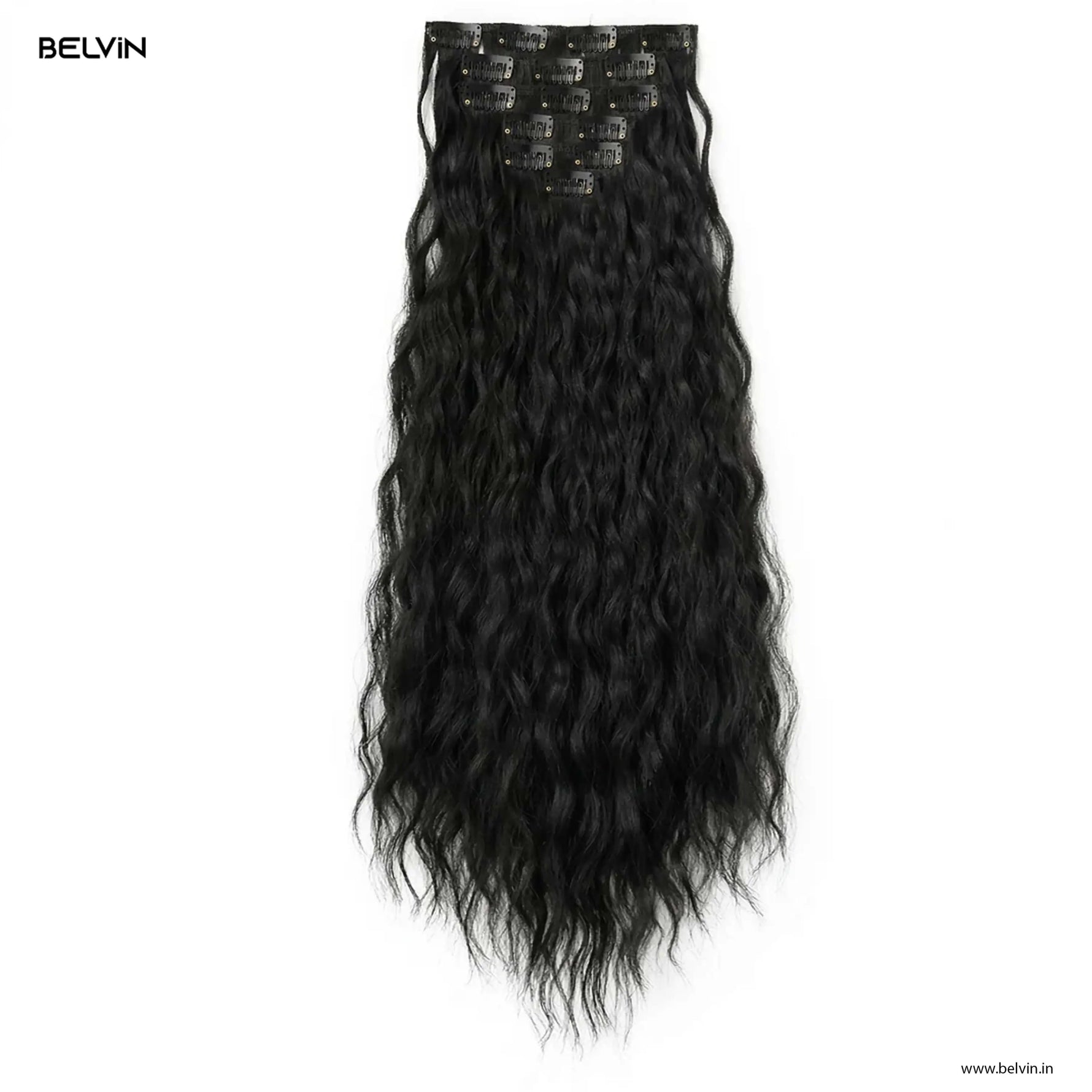 Black wavy synthetic clip in hair extensions from belvin 6 pcs set 16 curly clip in hair extensions