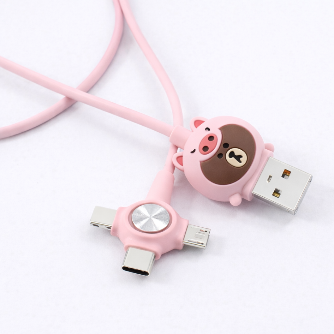 Cute Cartoon 3 in 1 Fast Charging Cable - Pink