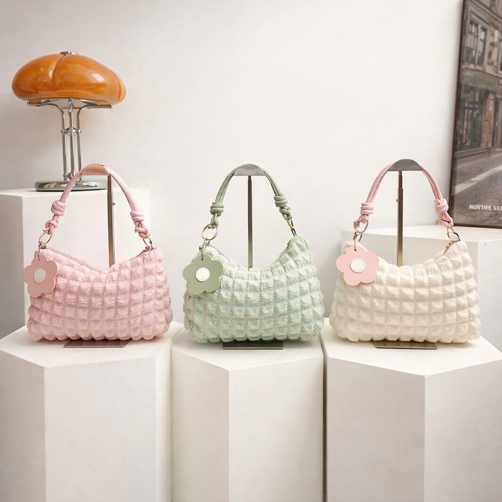 Three quilted handbags in pink, green, and white on a white surface with a lamp in the background.