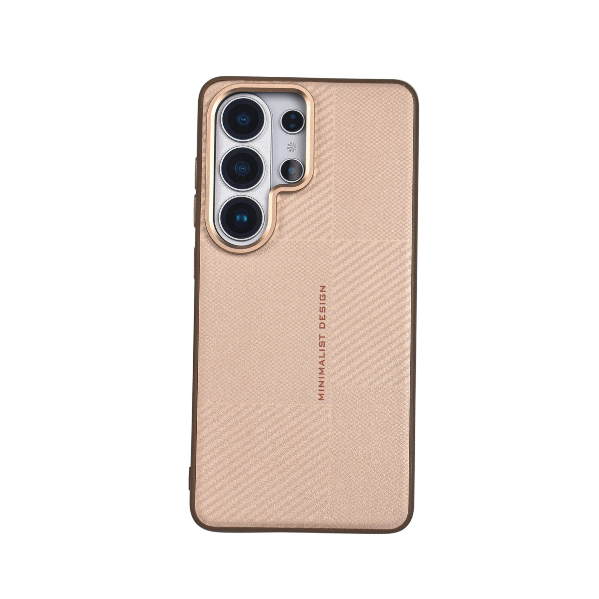 A minimalist phone case with a textured champagne-gold finish and a dark brown bumper, shown on a white surface next to a gray keyboard.
