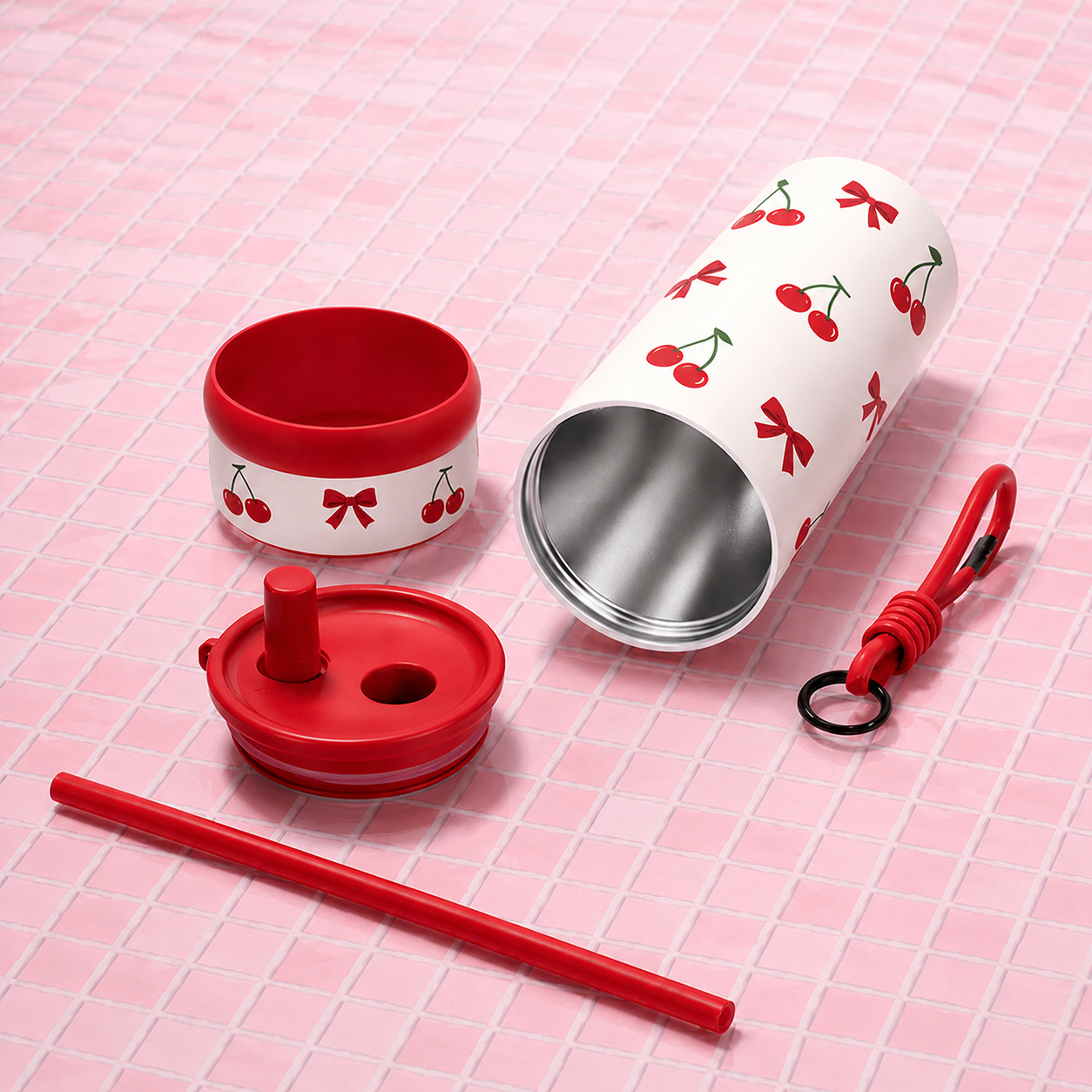 Cherry Bliss Straw Stainless Steel Tumbler
