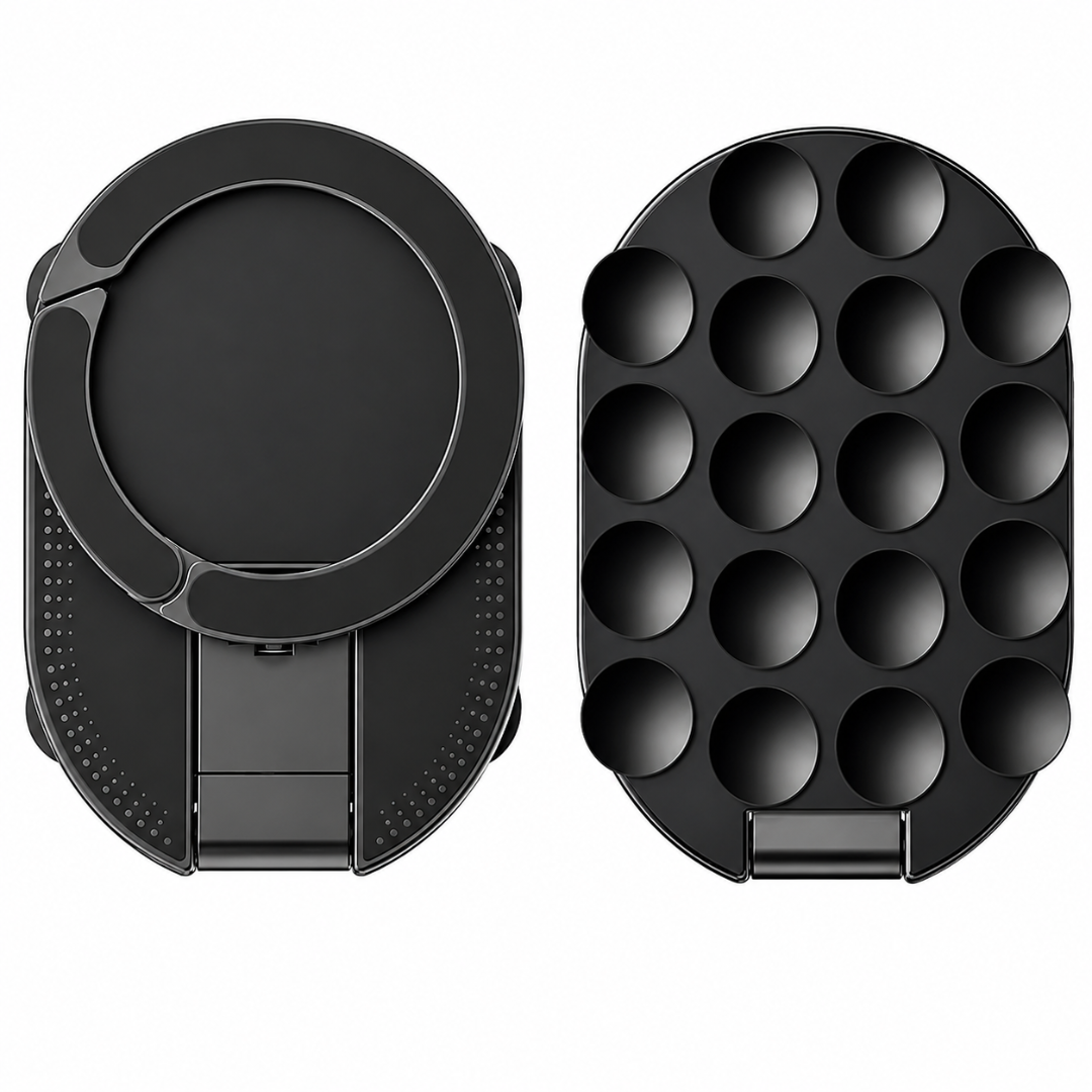 A black silicone egg mold shown in two views: the back view on the left with a built-in ring stand, and the front view on the right showing 18 individual egg cups.