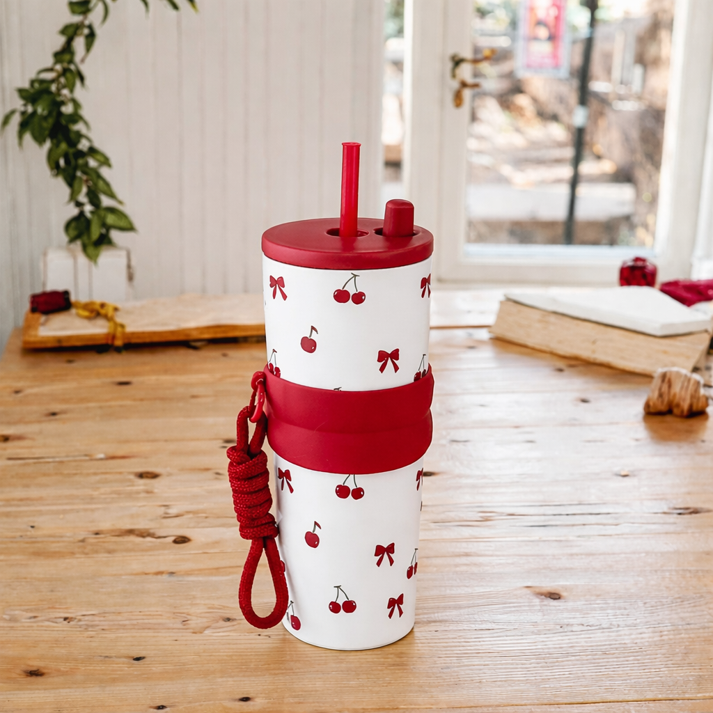 Cherry Bliss Straw Stainless Steel Tumbler