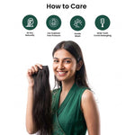 Woman holding hair extensions with care instructions on a white background
