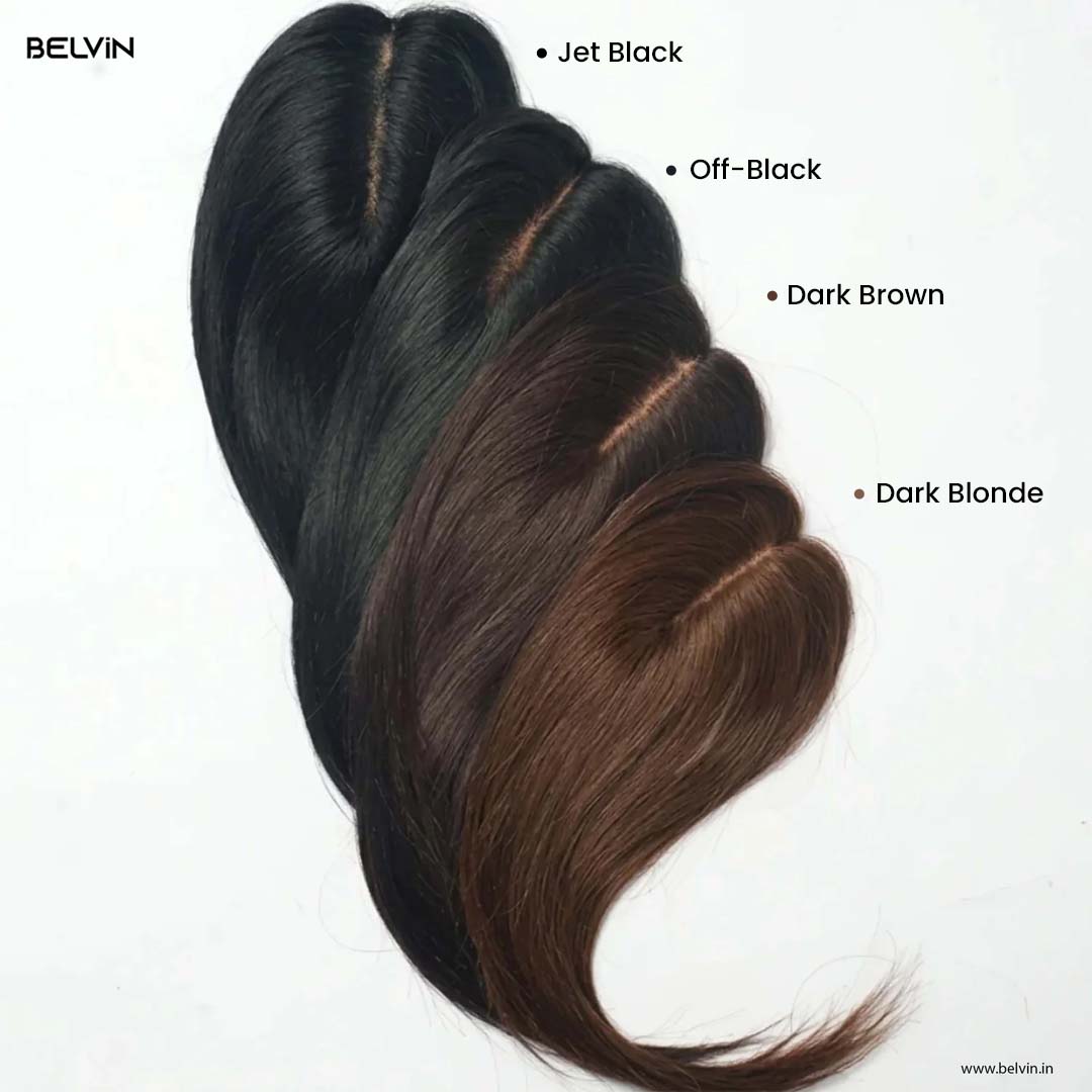 Hair color swatch chart by BELVIN with 'Jet Black', 'Off-Black', 'Dark Brown', and 'Dark Blonde' labels.