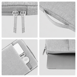 Collage of a gray laptop sleeve with zipper details on a white background