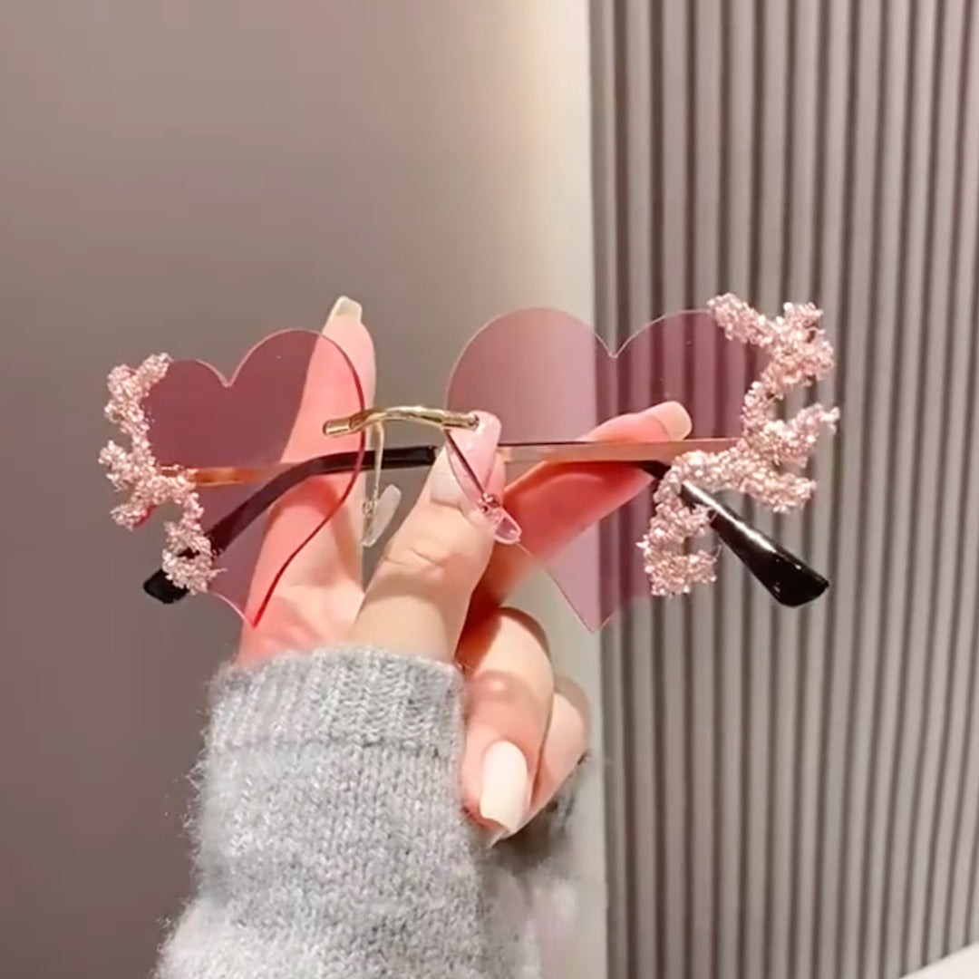 Rhinestone Heart Shape Sunglasses - Pink