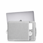 Laptop with a gray sleeve and Apple logo on a white background