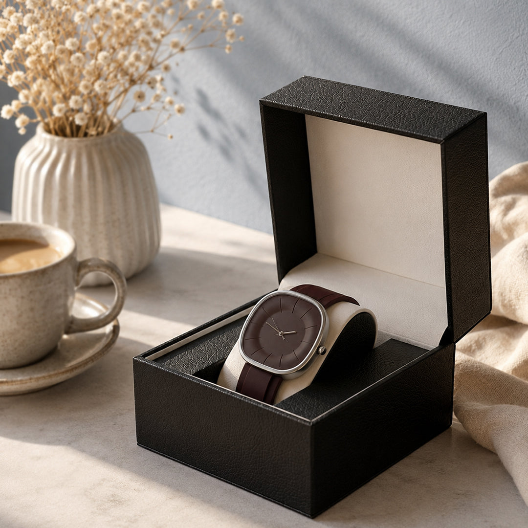 SquareFlex Silicone Strap Watch + Box Set - Brown