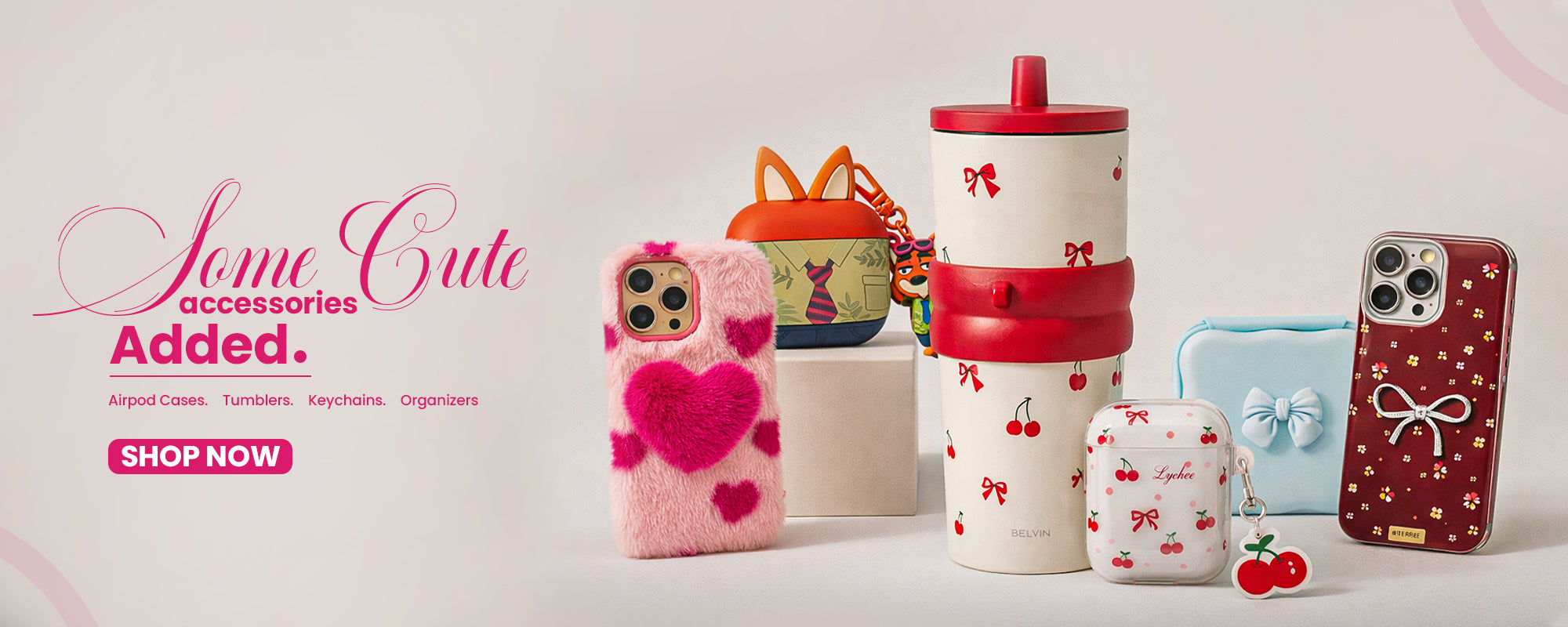 Collection of cute accessories including phone cases and tumblers on a light background by Belvin