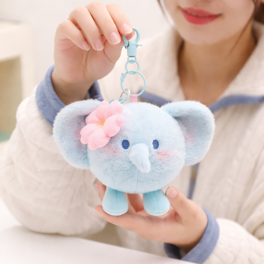Soft Petal Elegance Bag & Elephant Keychain Set - Green