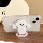 Phone case with a cute dog design on a wooden surface